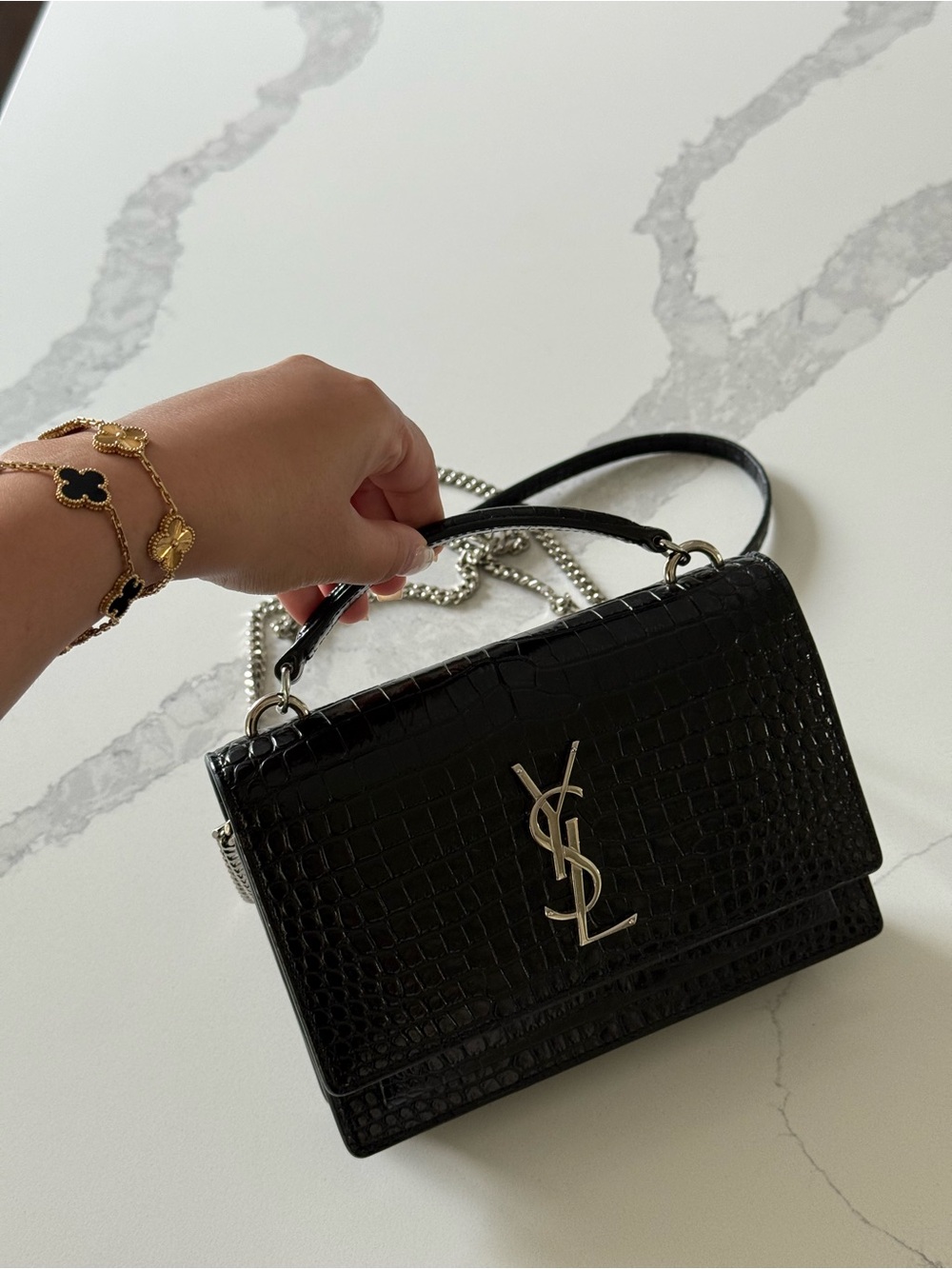 YSL Saint Laurent Sunset Black Croc Embossed Leather Top Handle Bag Crossbody Pu